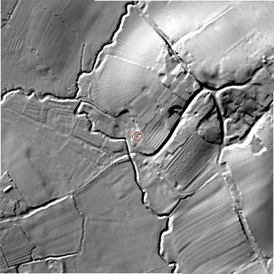 Shaded relief map of the ground around DE65AB, computed from Environment Agency LiDAR. The ground here sits at about 84 m above sea level and falls 32 m across the surrounding 800 m. Surface water reaching this point runs off ground lying to the north-east, 19.0 m higher.