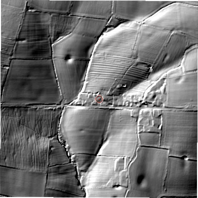 Shaded relief map of the ground around DE65BJ, computed from Environment Agency LiDAR. The ground here sits at about 107 m above sea level and falls 35 m across the surrounding 800 m. Surface water reaching this point runs off ground lying to the north-east, 4.4 m higher.
