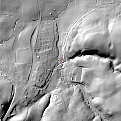 Shaded relief map of the ground around DE65BQ, computed from Environment Agency LiDAR. The ground here sits at about 78 m above sea level and falls 53 m across the surrounding 800 m. Surface water reaching this point runs off ground lying to the south-west, 43.9 m higher.