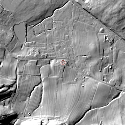 Shaded relief map of the ground around DE65BU, computed from Environment Agency LiDAR. The ground here sits at about 80 m above sea level and falls 58 m across the surrounding 800 m. Surface water reaching this point runs off ground lying to the south-west, 49.9 m higher.