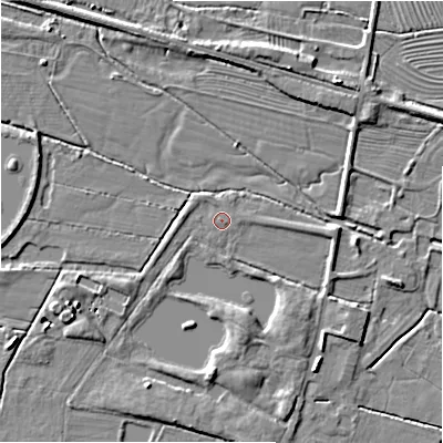 Shaded relief map of the ground around DE65GX, computed from Environment Agency LiDAR. The ground here sits at about 63 m above sea level and falls 5 m across the surrounding 800 m. Surface water reaching this point runs off ground lying to the west-south-west, 3.9 m higher.