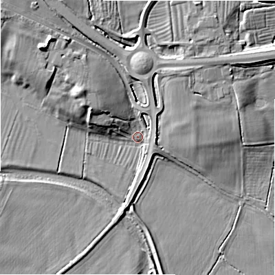 Shaded relief map of the ground around DE65HR, computed from Environment Agency LiDAR. The ground here sits at about 65 m above sea level and falls 14 m across the surrounding 800 m. Surface water reaching this point runs off ground lying to the north-west, 11.6 m higher.