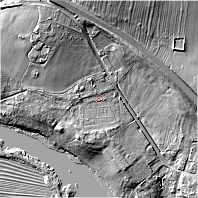Shaded relief map of the ground around DE65HT, computed from Environment Agency LiDAR. The ground here sits at about 73 m above sea level and falls 19 m across the surrounding 800 m. Surface water reaching this point runs off ground lying to the north-north-west, 10.9 m higher.