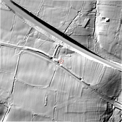 Shaded relief map of the ground around DE65HX, computed from Environment Agency LiDAR. The ground here sits at about 83 m above sea level and falls 17 m across the surrounding 800 m. Surface water reaching this point runs off ground lying to the west-south-west, 2.2 m higher.