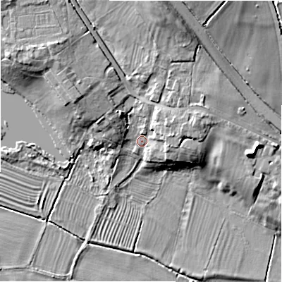 Shaded relief map of the ground around DE65HZ, computed from Environment Agency LiDAR. The ground here sits at about 66 m above sea level and falls 14 m across the surrounding 800 m. Surface water reaching this point runs off ground lying to the north, 11.0 m higher.
