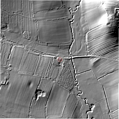 Shaded relief map of the ground around DE65JP, computed from Environment Agency LiDAR. The ground here sits at about 66 m above sea level and falls 32 m across the surrounding 800 m. Surface water reaching this point runs off ground lying to the west, 5.4 m higher.