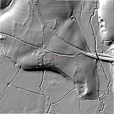Shaded relief map of the ground around DE65JW, computed from Environment Agency LiDAR. The ground here sits at about 82 m above sea level and falls 17 m across the surrounding 800 m. Surface water reaching this point runs off ground lying to the north-west, 1.8 m higher.