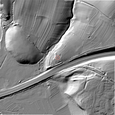 Shaded relief map of the ground around DE65LH, computed from Environment Agency LiDAR. The ground here sits at about 89 m above sea level and falls 41 m across the surrounding 800 m. Surface water reaching this point runs off ground lying to the north-east, 7.1 m higher.