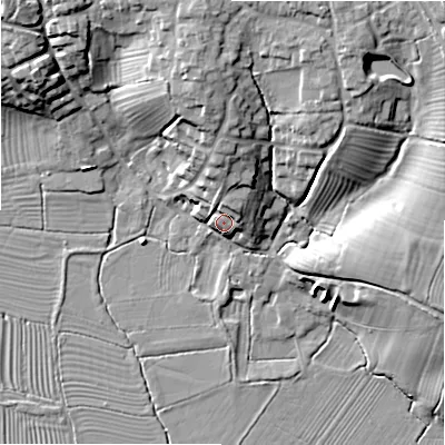 Shaded relief map of the ground around DE65NS, computed from Environment Agency LiDAR. The ground here sits at about 78 m above sea level and falls 18 m across the surrounding 800 m. Surface water reaching this point runs off ground lying to the north, 8.8 m higher.
