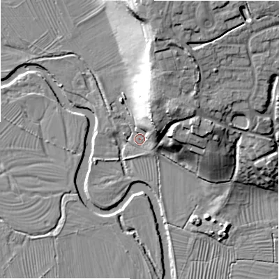 Shaded relief map of the ground around DE65QU, computed from Environment Agency LiDAR. The ground here sits at about 74 m above sea level and falls 27 m across the surrounding 800 m. Surface water reaching this point runs off ground lying to the north, 25.3 m higher.