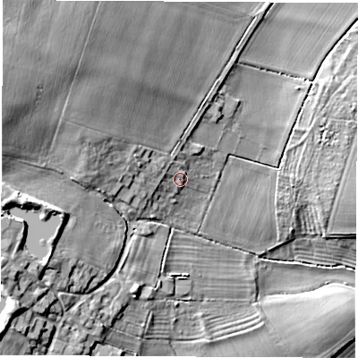 Shaded relief map of the ground around DE722BH, computed from Environment Agency LiDAR. The ground here sits at about 46 m above sea level and falls 23 m across the surrounding 800 m. Surface water reaching this point runs off ground lying to the west-north-west, 4.3 m higher.