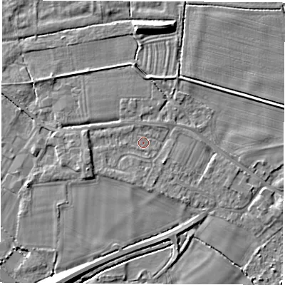 Shaded relief map of the ground around DE722GE, computed from Environment Agency LiDAR. The ground here sits at about 34 m above sea level and falls 8 m across the surrounding 800 m. Surface water reaching this point runs off ground lying to the west-south-west, 2.6 m higher.