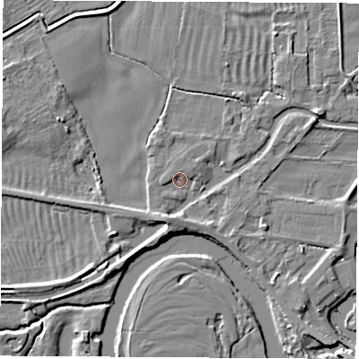 Shaded relief map of the ground around DE722GH, computed from Environment Agency LiDAR. The ground here sits at about 32 m above sea level and falls 7 m across the surrounding 800 m. Surface water reaching this point runs off ground lying to the south-south-west, 3.1 m higher.