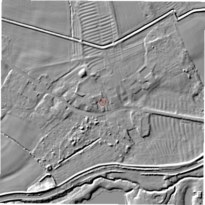 Shaded relief map of the ground around DE722GP, computed from Environment Agency LiDAR. The ground here sits at about 33 m above sea level and falls 7 m across the surrounding 800 m. Surface water reaching this point runs off ground lying to the north-north-west, 2.6 m higher.