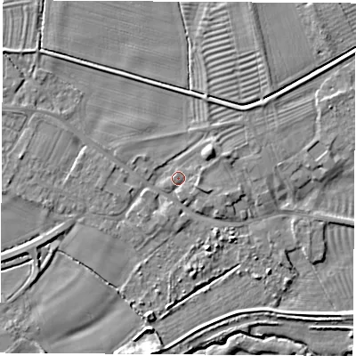 Shaded relief map of the ground around DE722GQ, computed from Environment Agency LiDAR. The ground here sits at about 34 m above sea level and falls 7 m across the surrounding 800 m. Surface water reaching this point runs off ground lying to the north-east, 2.7 m higher.
