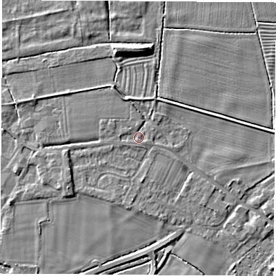 Shaded relief map of the ground around DE722GR, computed from Environment Agency LiDAR. The ground here sits at about 34 m above sea level and falls 6 m across the surrounding 800 m. Surface water reaching this point runs off ground lying to the west-south-west, 1.9 m higher.