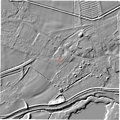 Shaded relief map of the ground around DE722GS, computed from Environment Agency LiDAR. The ground here sits at about 34 m above sea level and falls 7 m across the surrounding 800 m. Surface water reaching this point runs off ground lying to the north, 0.7 m higher.