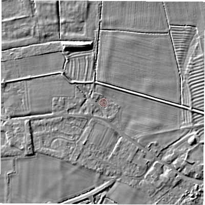 Shaded relief map of the ground around DE722GU, computed from Environment Agency LiDAR. The ground here sits at about 34 m above sea level and falls 6 m across the surrounding 800 m. Surface water reaching this point runs off ground lying to the north-west, 2.3 m higher.