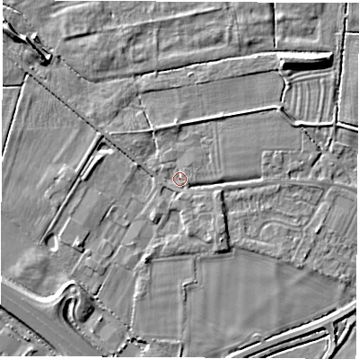 Shaded relief map of the ground around DE722GW, computed from Environment Agency LiDAR. The ground here sits at about 34 m above sea level and falls 6 m across the surrounding 800 m. Surface water reaching this point runs off ground lying to the south, 1.2 m higher.