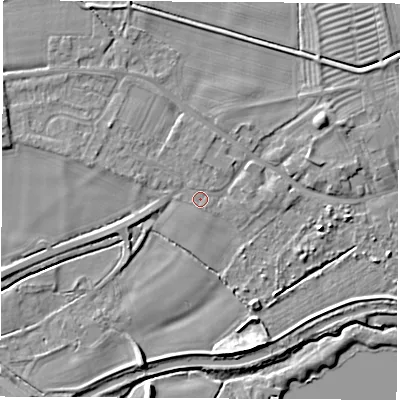 Shaded relief map of the ground around DE722GX, computed from Environment Agency LiDAR. The ground here sits at about 33 m above sea level and falls 8 m across the surrounding 800 m. The ground contributing surface water to this point lies to the north.