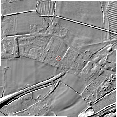 Shaded relief map of the ground around DE722GY, computed from Environment Agency LiDAR. The ground here sits at about 34 m above sea level and falls 10 m across the surrounding 800 m. Surface water reaching this point runs off ground lying to the west-north-west, 0.8 m higher.