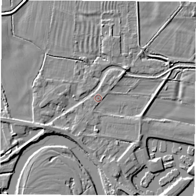 Shaded relief map of the ground around DE722HA, computed from Environment Agency LiDAR. The ground here sits at about 32 m above sea level and falls 5 m across the surrounding 800 m. Surface water reaching this point runs off ground lying to the south-south-east, 2.6 m higher.