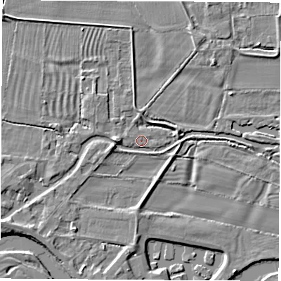 Shaded relief map of the ground around DE722HD, computed from Environment Agency LiDAR. The ground here sits at about 32 m above sea level and falls 5 m across the surrounding 800 m. Surface water reaching this point runs off ground lying to the west-south-west, 3.9 m higher.