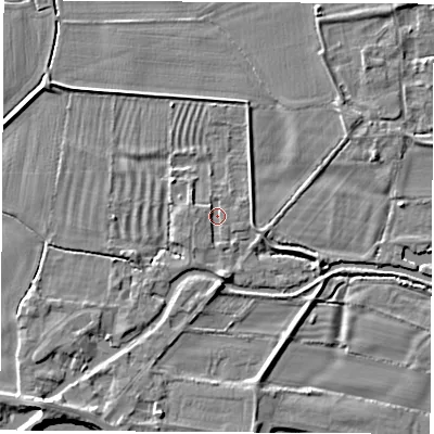 Shaded relief map of the ground around DE722HE, computed from Environment Agency LiDAR. The ground here sits at about 32 m above sea level and falls 5 m across the surrounding 800 m. Surface water reaching this point runs off ground lying to the west-north-west, 1.3 m higher.