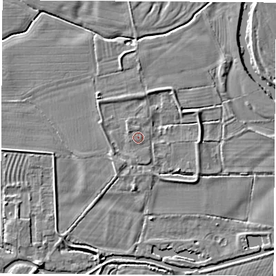 Shaded relief map of the ground around DE722HF, computed from Environment Agency LiDAR. The ground here sits at about 33 m above sea level and falls 5 m across the surrounding 800 m. Surface water reaching this point runs off ground lying to the south-west, 2.7 m higher.