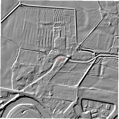 Shaded relief map of the ground around DE722HH, computed from Environment Agency LiDAR. The ground here sits at about 32 m above sea level and falls 5 m across the surrounding 800 m. Surface water reaching this point runs off ground lying to the south-west, 3.1 m higher.