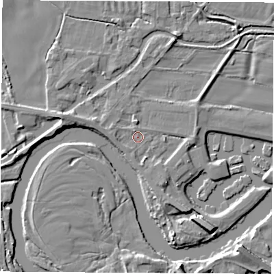 Shaded relief map of the ground around DE722HJ, computed from Environment Agency LiDAR. The ground here sits at about 32 m above sea level and falls 8 m across the surrounding 800 m. Surface water reaching this point runs off ground lying to the south-south-east, 1.7 m higher.