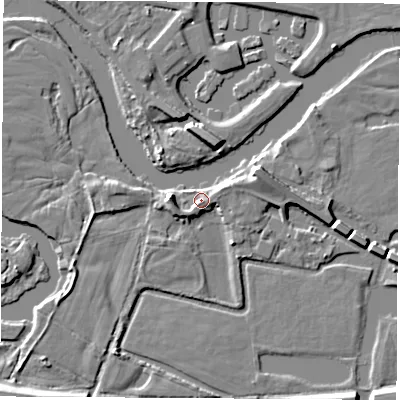 Shaded relief map of the ground around DE722HL, computed from Environment Agency LiDAR. The ground here sits at about 32 m above sea level and falls 8 m across the surrounding 800 m. Surface water reaching this point runs off ground lying to the south-west, 3.3 m higher.