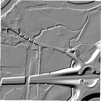 Shaded relief map of the ground around DE722HN, computed from Environment Agency LiDAR. The ground here sits at about 32 m above sea level and falls 15 m across the surrounding 800 m. Surface water reaching this point runs off ground lying to the east-south-east, 13.0 m higher.