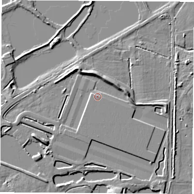 Shaded relief map of the ground around DE722HP, computed from Environment Agency LiDAR. The ground here sits at about 33 m above sea level and falls 6 m across the surrounding 800 m. Surface water reaching this point runs off ground lying to the north-north-west, 1.2 m higher.