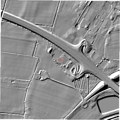 Shaded relief map of the ground around DE722WA, computed from Environment Agency LiDAR. The ground here sits at about 34 m above sea level and falls 10 m across the surrounding 800 m. Surface water reaching this point runs off ground lying to the east-south-east, 8.7 m higher.