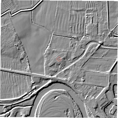Shaded relief map of the ground around DE722WE, computed from Environment Agency LiDAR. The ground here sits at about 33 m above sea level and falls 5 m across the surrounding 800 m. Surface water reaching this point runs off ground lying to the south-south-east, 0.8 m higher.