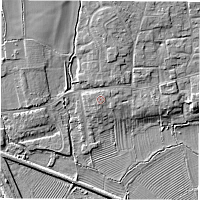 Shaded relief map of the ground around DE723DA, computed from Environment Agency LiDAR. The ground here sits at about 36 m above sea level and falls 8 m across the surrounding 800 m. The ground contributing surface water to this point lies to the south-south-west.