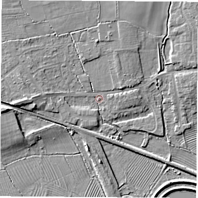 Shaded relief map of the ground around DE723DB, computed from Environment Agency LiDAR. The ground here sits at about 35 m above sea level and falls 10 m across the surrounding 800 m. Surface water reaching this point runs off ground lying to the west, 7.8 m higher.
