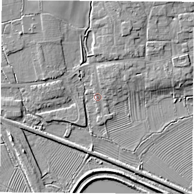 Shaded relief map of the ground around DE723DD, computed from Environment Agency LiDAR. The ground here sits at about 34 m above sea level and falls 7 m across the surrounding 800 m. Surface water reaching this point runs off ground lying to the north-east, 2.8 m higher.