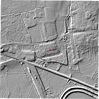 Shaded relief map of the ground around DE723DE, computed from Environment Agency LiDAR. The ground here sits at about 36 m above sea level and falls 7 m across the surrounding 800 m. Surface water reaching this point runs off ground lying to the north-north-east, 1.7 m higher.
