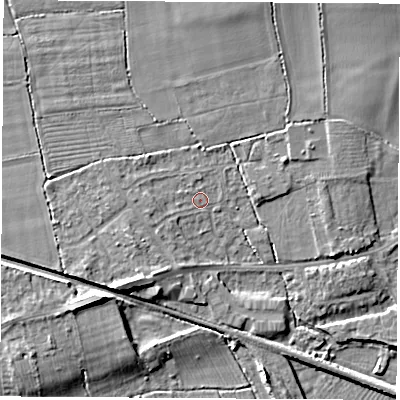 Shaded relief map of the ground around DE723DG, computed from Environment Agency LiDAR. The ground here sits at about 36 m above sea level and falls 10 m across the surrounding 800 m. Surface water reaching this point runs off ground lying to the west, 1.7 m higher.