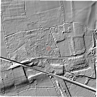 Shaded relief map of the ground around DE723DH, computed from Environment Agency LiDAR. The ground here sits at about 36 m above sea level and falls 10 m across the surrounding 800 m. Surface water reaching this point runs off ground lying to the north-north-east, 3.6 m higher.