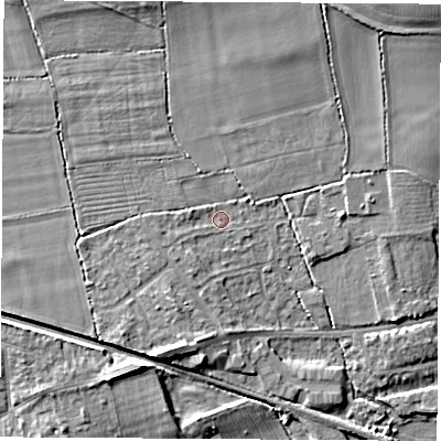 Shaded relief map of the ground around DE723DJ, computed from Environment Agency LiDAR. The ground here sits at about 37 m above sea level and falls 10 m across the surrounding 800 m. Surface water reaching this point runs off ground lying to the north-north-west, 4.1 m higher.