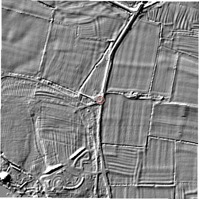 Shaded relief map of the ground around DE723EN, computed from Environment Agency LiDAR. The ground here sits at about 38 m above sea level and falls 7 m across the surrounding 800 m. Surface water reaching this point runs off ground lying to the south-south-east, 0.9 m higher.