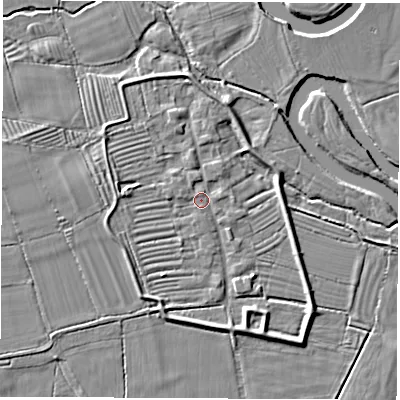 Shaded relief map of the ground around DE723ES, computed from Environment Agency LiDAR. The ground here sits at about 35 m above sea level and falls 4 m across the surrounding 800 m. Surface water reaching this point runs off ground lying to the south-south-west, 2.7 m higher.