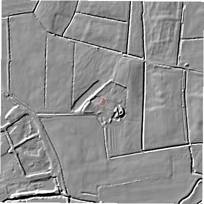 Shaded relief map of the ground around DE723ET, computed from Environment Agency LiDAR. The ground here sits at about 34 m above sea level and falls 6 m across the surrounding 800 m. Surface water reaching this point runs off ground lying to the west-south-west, 1.8 m higher.