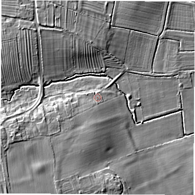 Shaded relief map of the ground around DE723EU, computed from Environment Agency LiDAR. The ground here sits at about 39 m above sea level and falls 9 m across the surrounding 800 m. Surface water reaching this point runs off ground lying to the west-south-west, 2.6 m higher.
