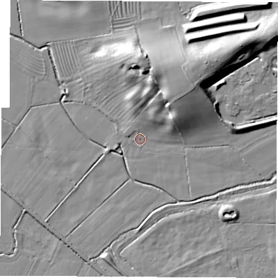 Shaded relief map of the ground around DE723FF, computed from Environment Agency LiDAR. The ground here sits at about 35 m above sea level and falls 14 m across the surrounding 800 m. Surface water reaching this point runs off ground lying to the north-north-east, 7.7 m higher.