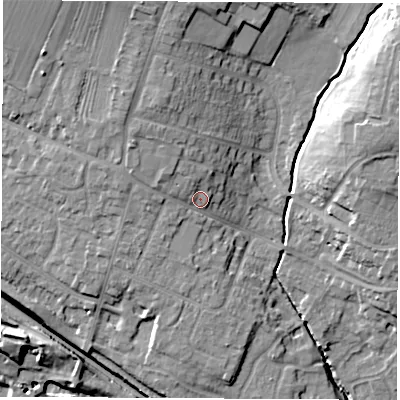 Shaded relief map of the ground around DE723FL, computed from Environment Agency LiDAR. The ground here sits at about 48 m above sea level and falls 19 m across the surrounding 800 m. Surface water reaching this point runs off ground lying to the north-west, 4.6 m higher.