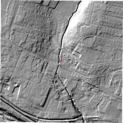 Shaded relief map of the ground around DE723FN, computed from Environment Agency LiDAR. The ground here sits at about 43 m above sea level and falls 21 m across the surrounding 800 m. Surface water reaching this point runs off ground lying to the north-east, 14.5 m higher.